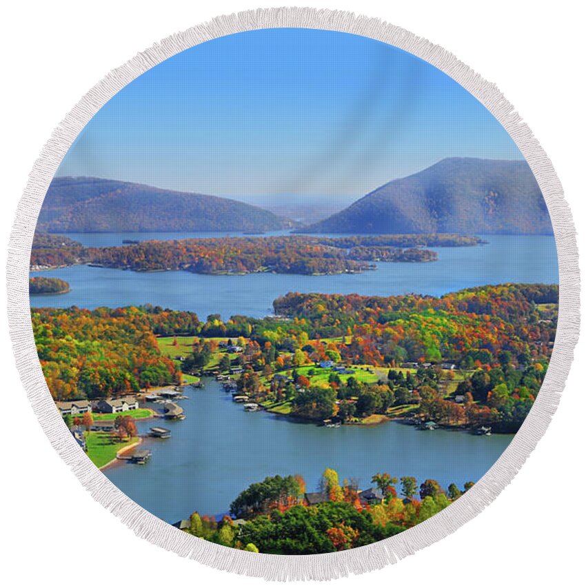 Smith Mountain Lake Round Beach Towel featuring the photograph Fall Aerial Smith Mountain Lake by The James Roney Collection