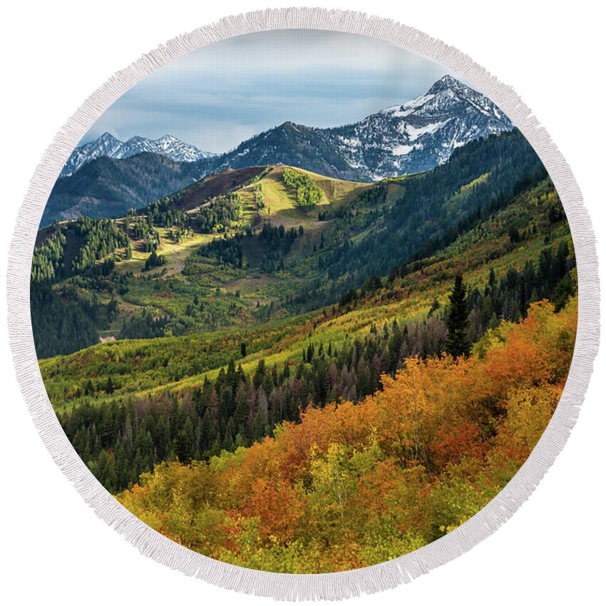 Wasatch Mountains Round Beach Towel featuring the photograph Fall at Cascade Peak and Sundance from Alpine Loop 2 by Gary Whitton
