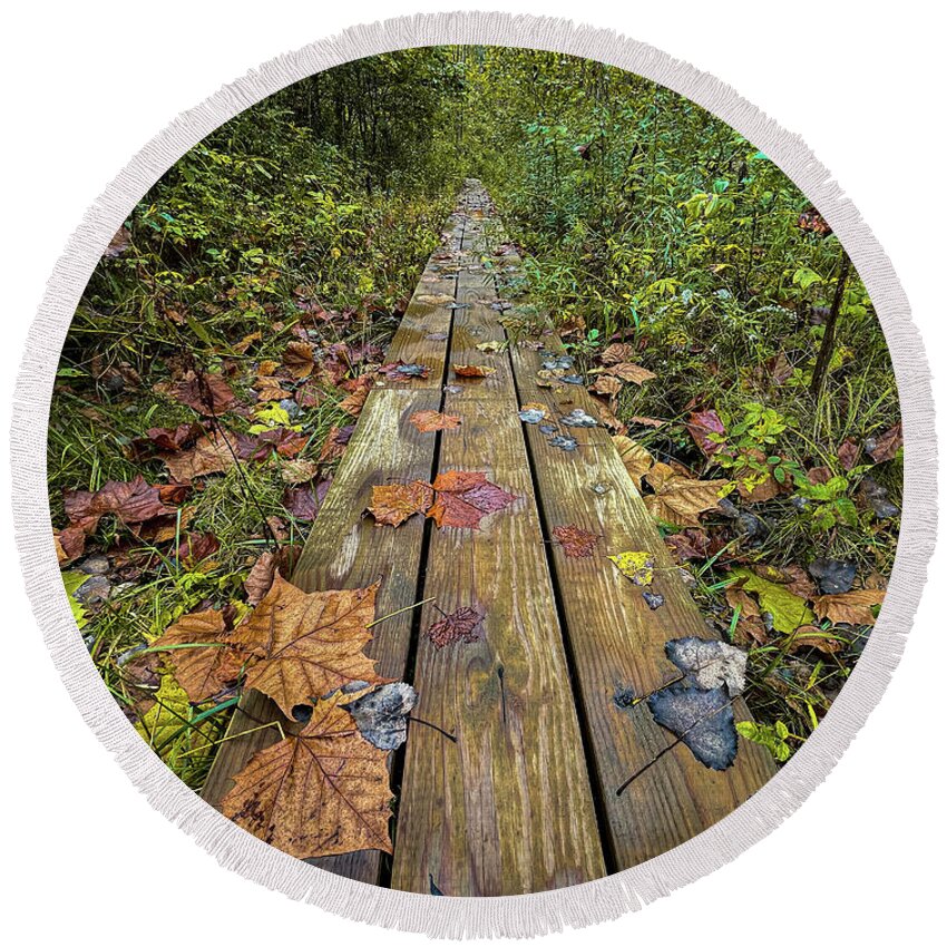  Round Beach Towel featuring the photograph Fall Boardwalk Two by Josh Williams