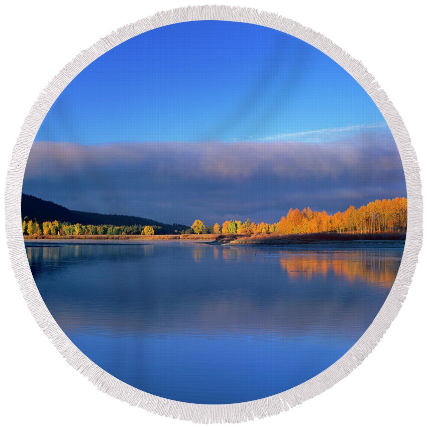 Dave Welling Round Beach Towel featuring the photograph Fall Clouds Oxbow Bend Grand Tetons National Park by Dave Welling
