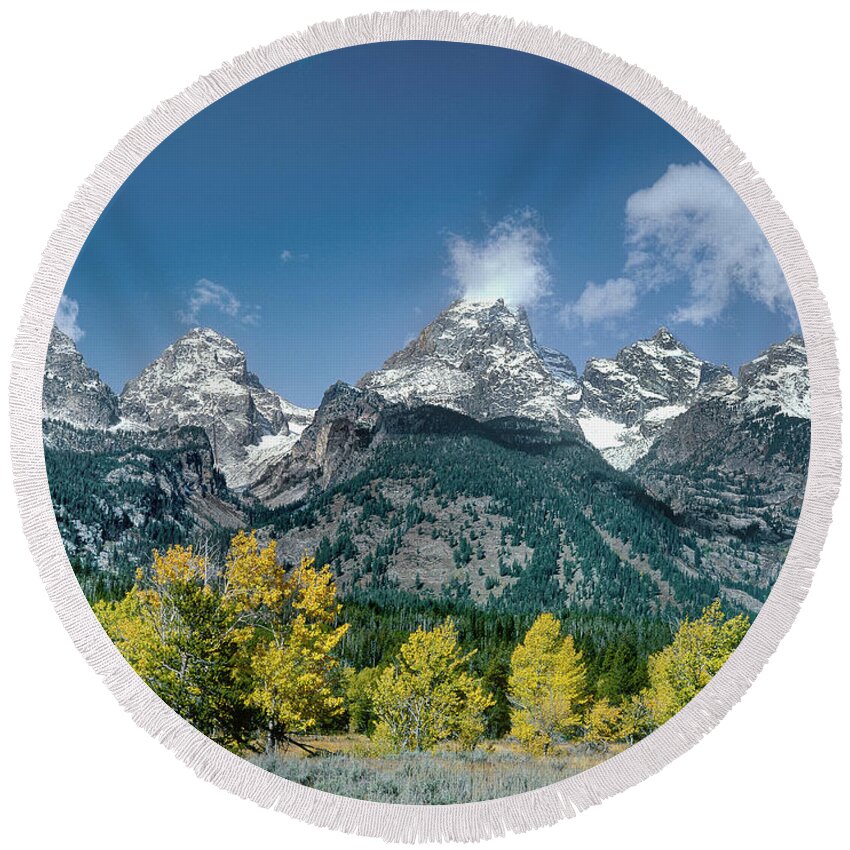 Dave Welling Round Beach Towel featuring the photograph Fall Color Teton Range Grand Tetons National Park by Dave Welling