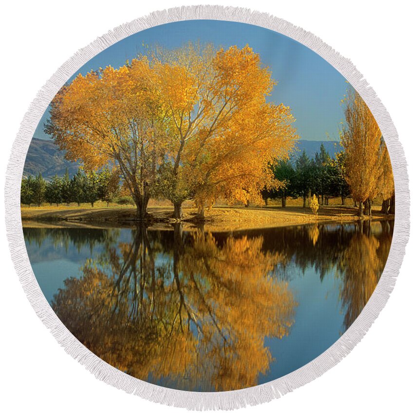 Dave Welling Round Beach Towel featuring the photograph Fall Colored Trees Near Eastern Sierras California by Dave Welling