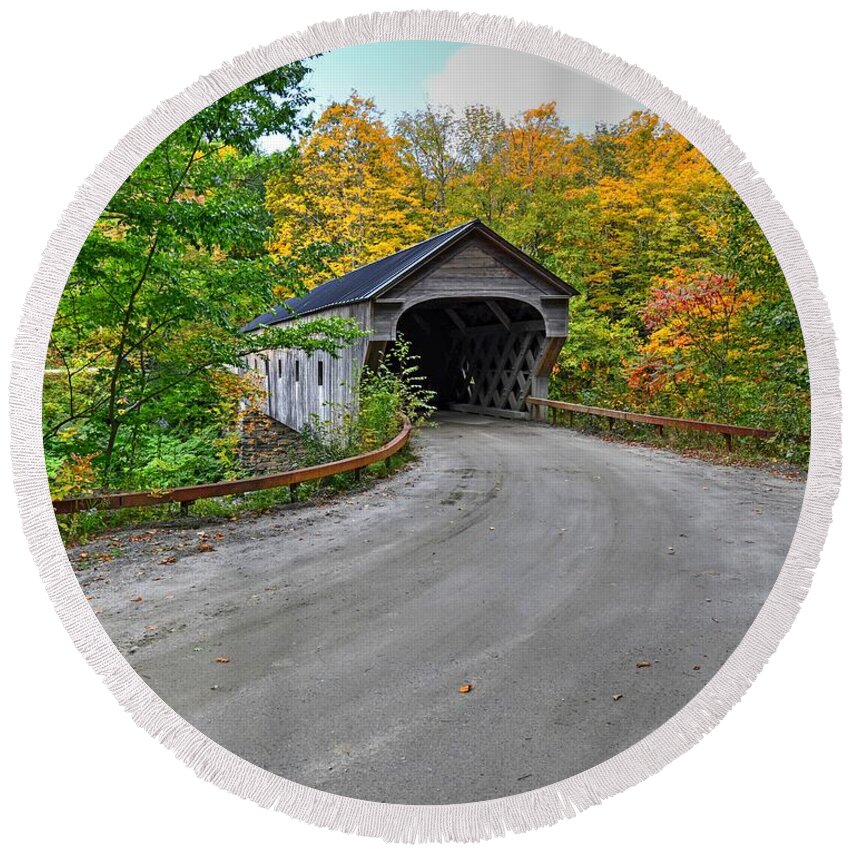 Upper Falls Covered Bridge Round Beach Towel featuring the photograph Fall Colors at the Upper Falls Covered Bridge by Steve Brown