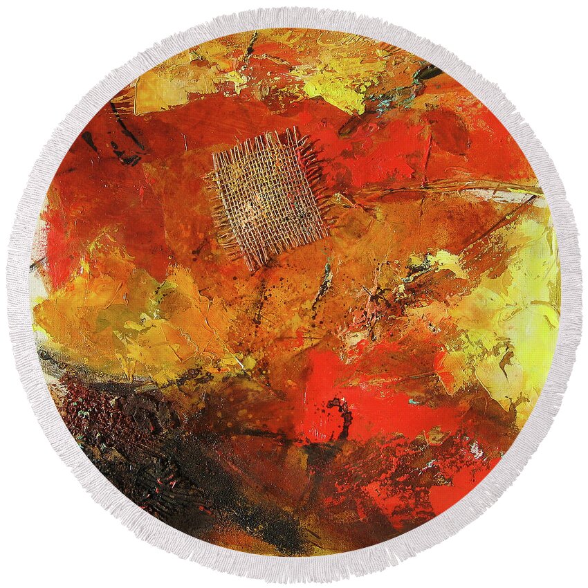 Abstract Round Beach Towel featuring the painting Fall Foliage by Elise Palmigiani