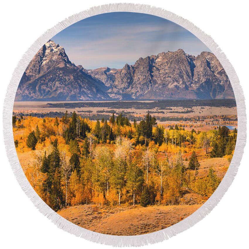 Teton Round Beach Towel featuring the photograph Fall Foliage In The Teton Valley by Adam Jewell