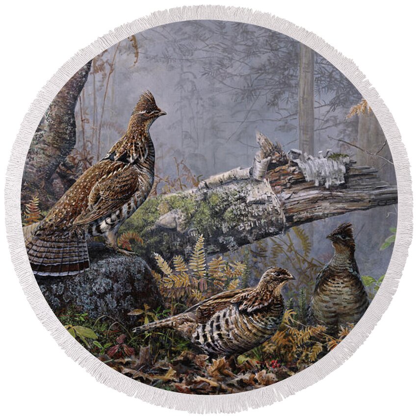 Scott Zoellick Round Beach Towel featuring the painting Fall Gathering Roughed Grouse by Scott Zoellick