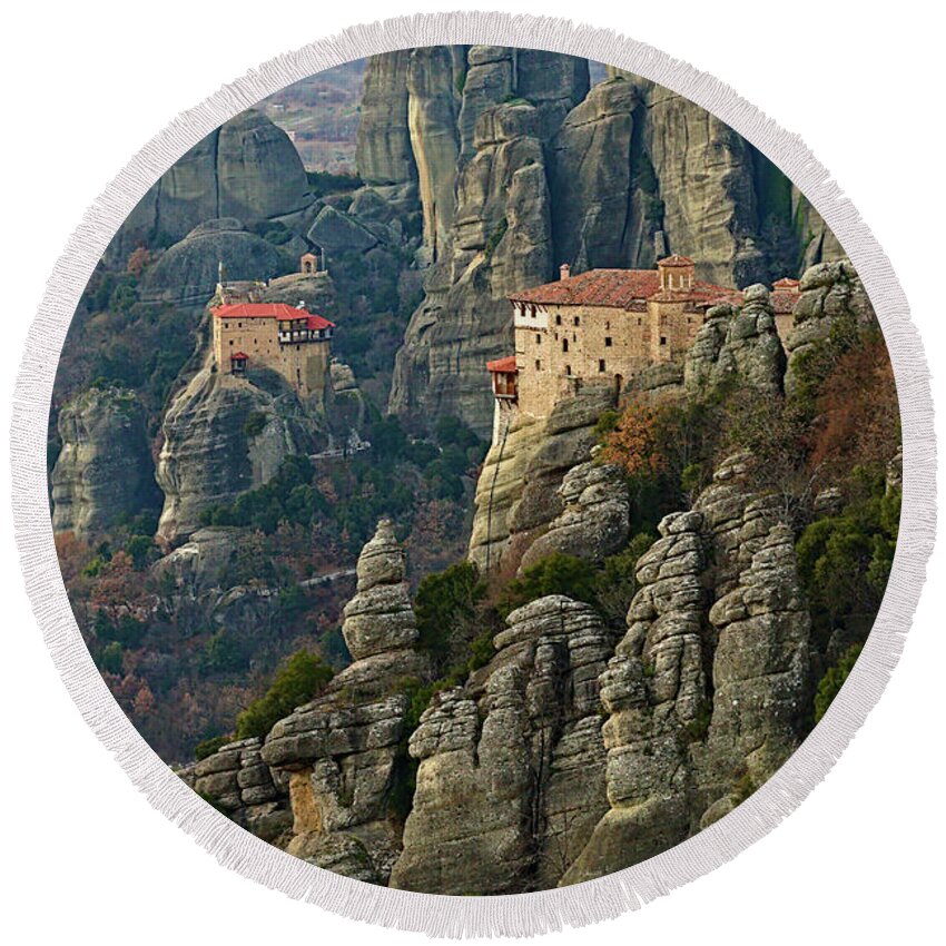 Meteora Round Beach Towel featuring the photograph Fall in Meteora by Sean Hannon