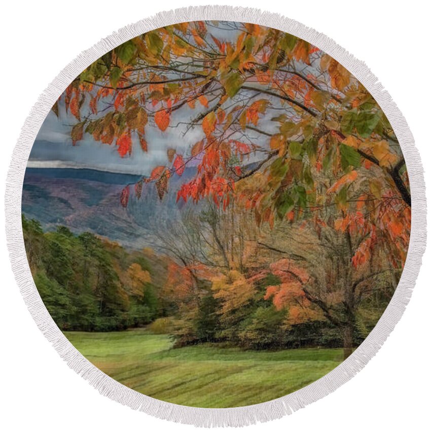 Cades Cove Round Beach Towel featuring the photograph Fall in the Cove, Stylized by Marcy Wielfaert