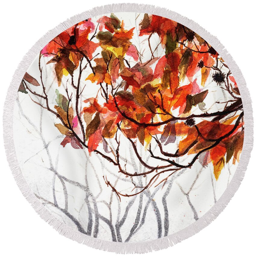 Art - Watercolor Round Beach Towel featuring the painting Fall Leaves - Watercolor Art by Sher Nasser