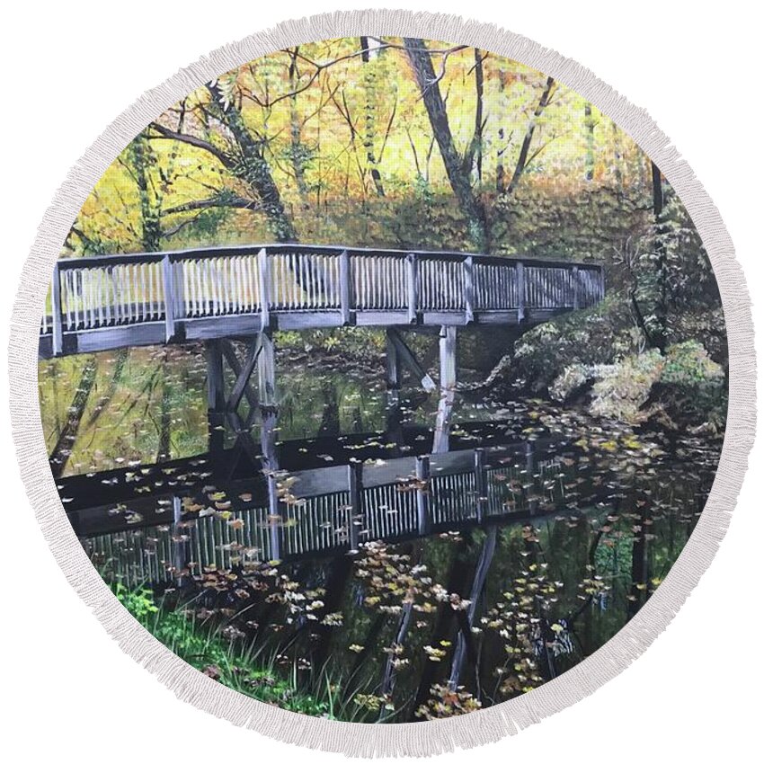 Bridge Round Beach Towel featuring the painting Fall on the C and O Canal by Boots Quimby
