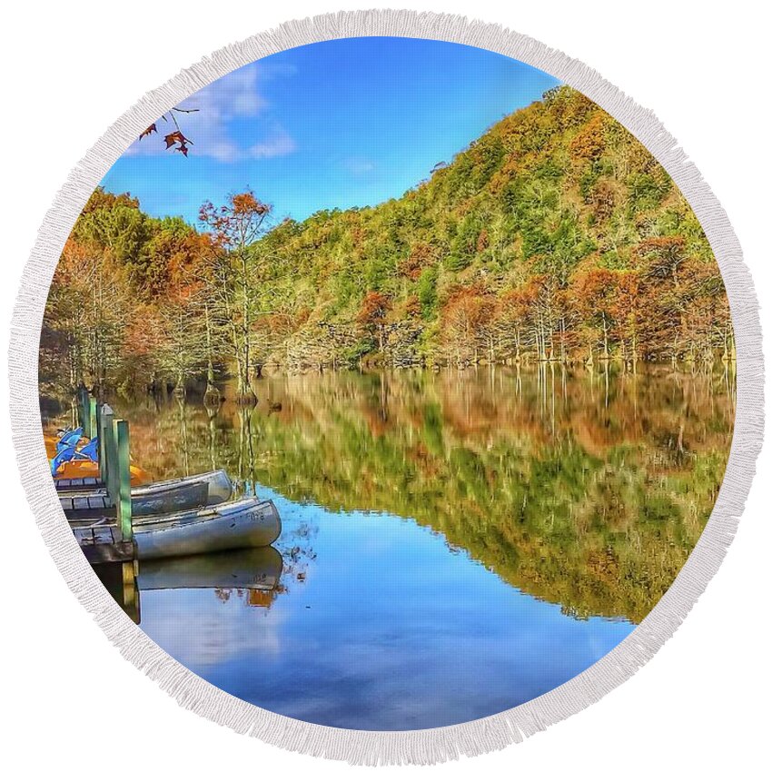 Canoes Round Beach Towel featuring the photograph Fall Reflections by Pam Rendall
