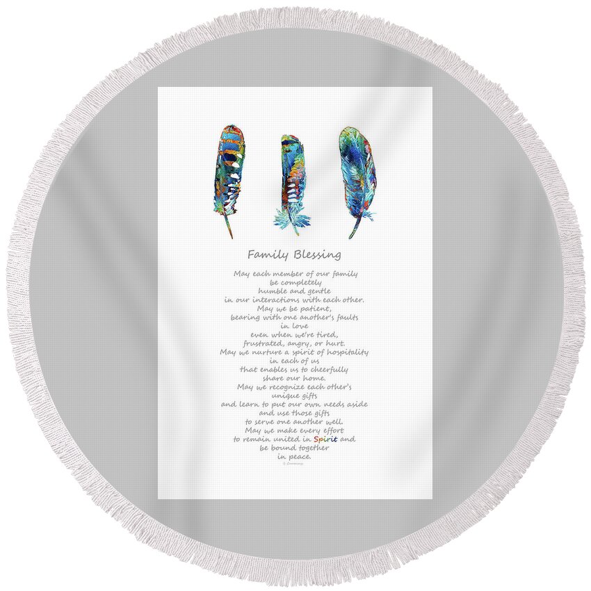 Rainbow Round Beach Towel featuring the painting Family Blessing Art - Colorful Feathers - Sharon Cummings by Sharon Cummings