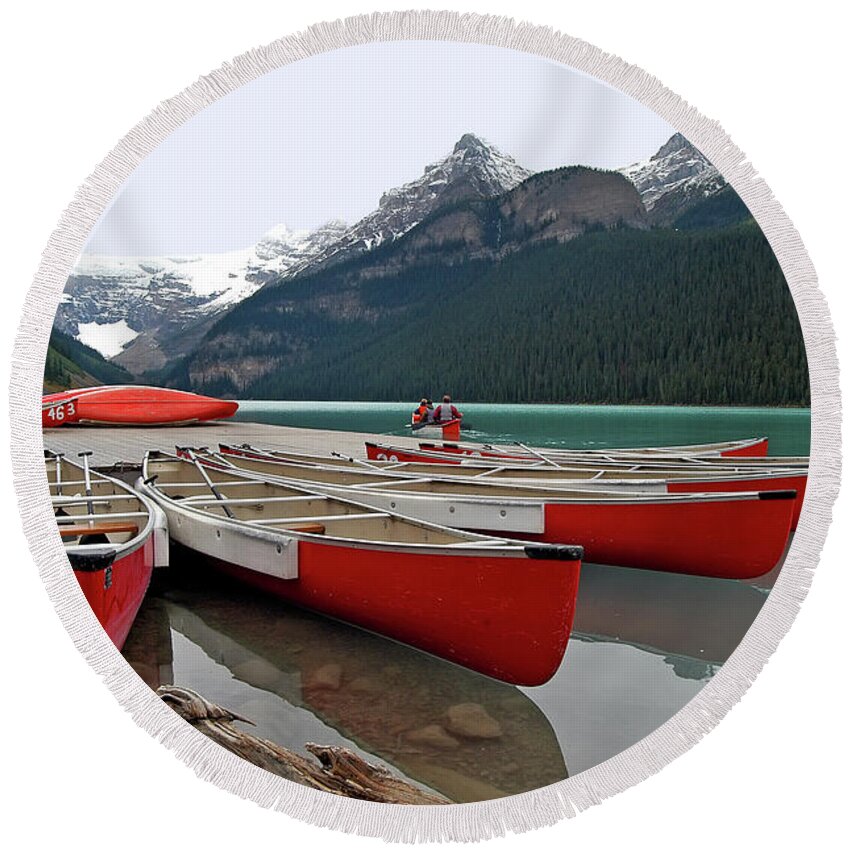 Alberta Round Beach Towel featuring the photograph Fan Shaped Canoes - Lake Louise Banff - Banff National Park - Alberta - Canada by Paolo Signorini
