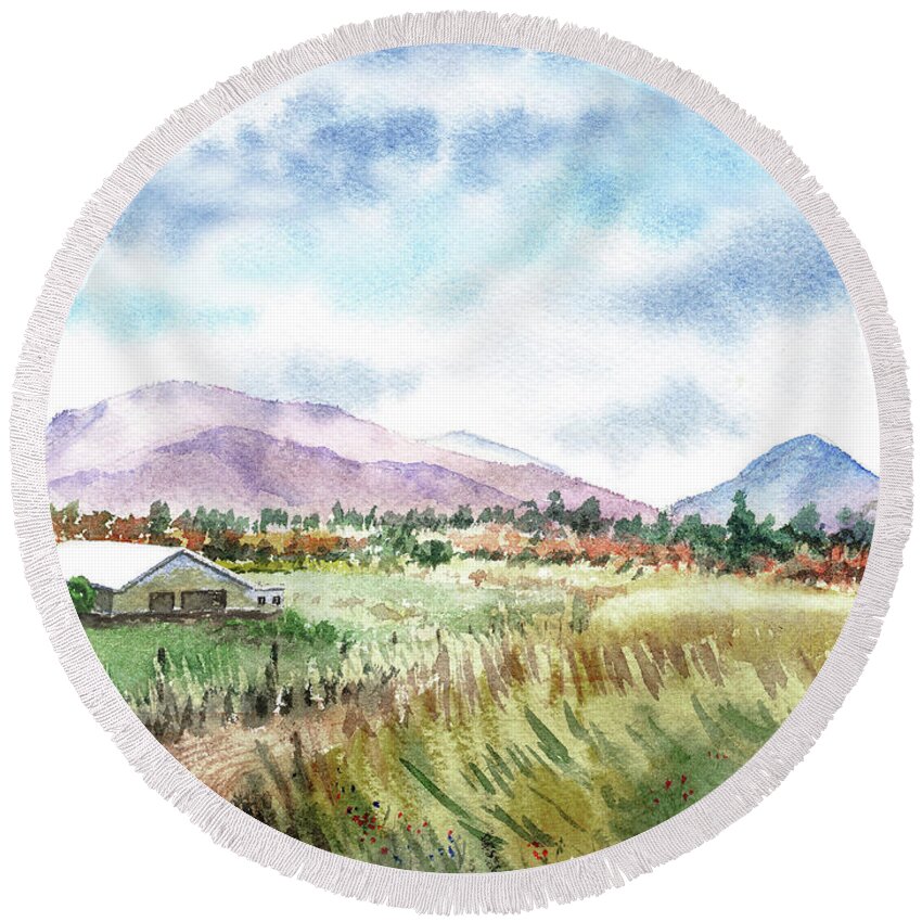 Barn Round Beach Towel featuring the painting Farm Barn Mountains Road In The Field Watercolor Impressionism by Irina Sztukowski
