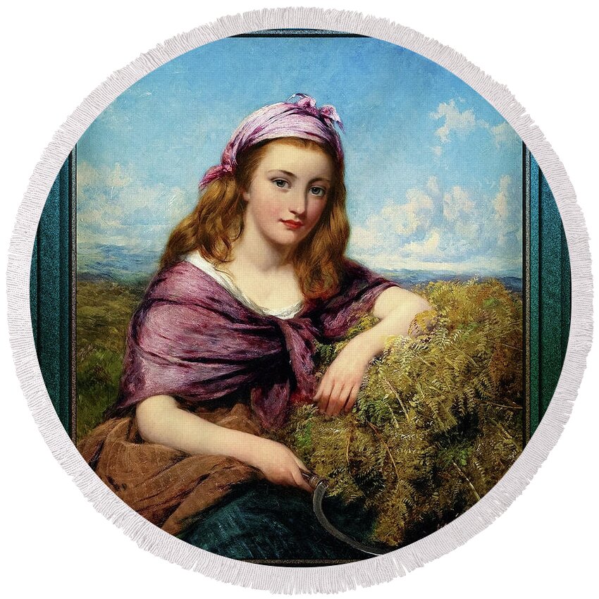Farm Girl Round Beach Towel featuring the painting Farm Girl with Sickle and Cut Flowers by Edward John Cobbett Classical Art Old Masters Reproduction by Rolando Burbon