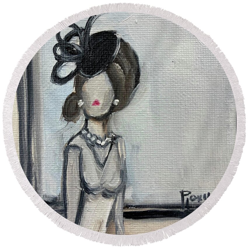 Elegant Lady Round Beach Towel featuring the painting Fascinating in Pearls by Roxy Rich