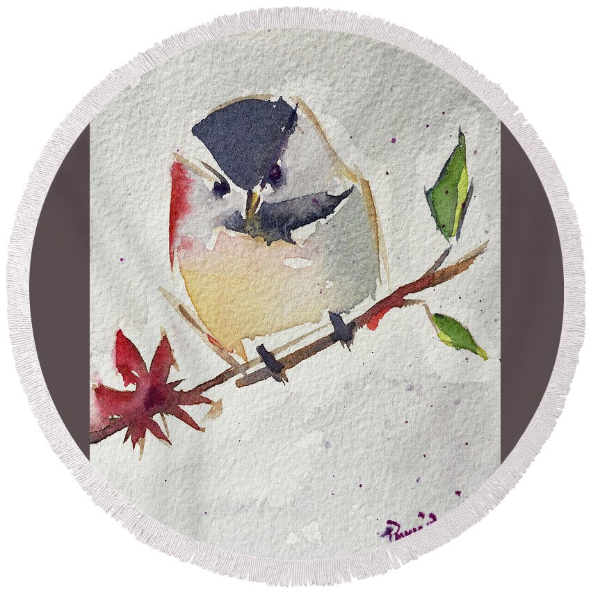 Chickadee Round Beach Towel featuring the painting Fat little Chickadee by Roxy Rich