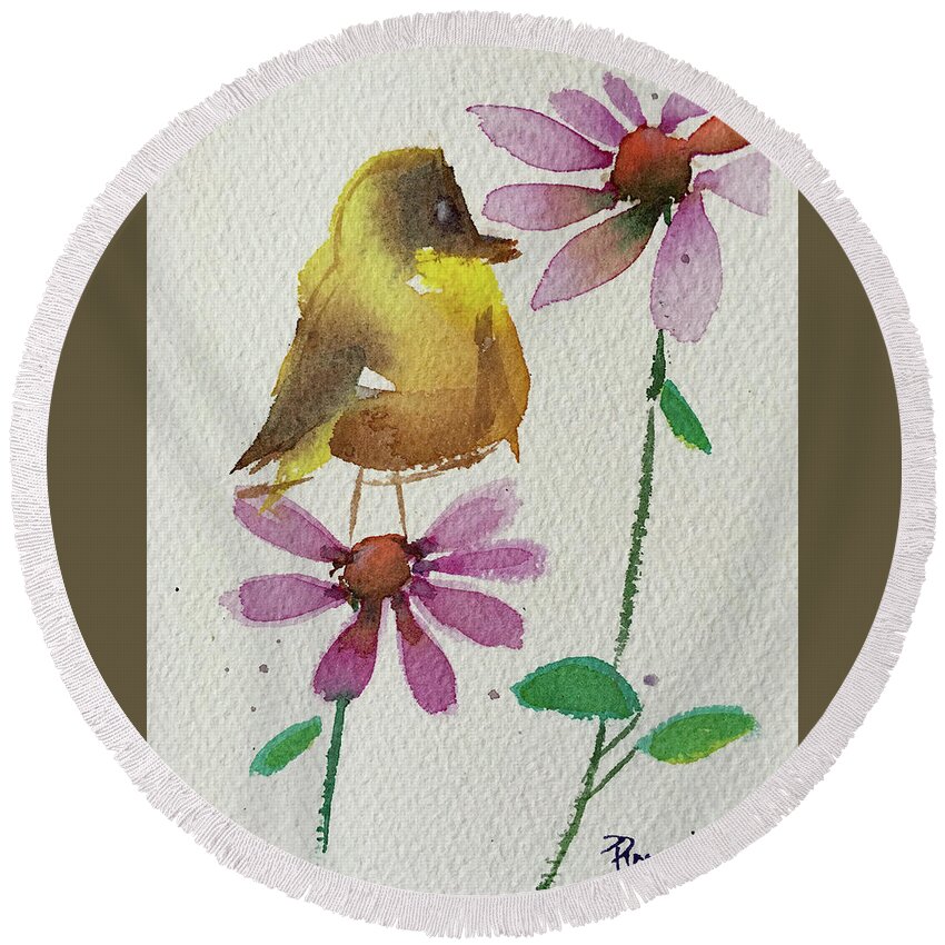 American Goldfinch Round Beach Towel featuring the painting Fat little Goldfinch by Roxy Rich