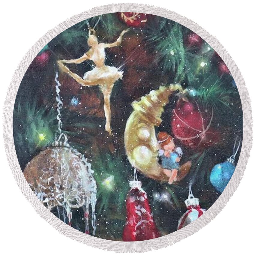 Christmas Ornaments Round Beach Towel featuring the painting Favorite Things by Tom Shropshire