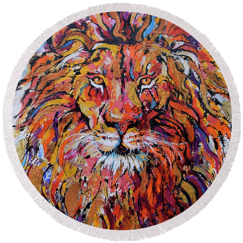  Round Beach Towel featuring the painting Fearless Lion by Jyotika Shroff