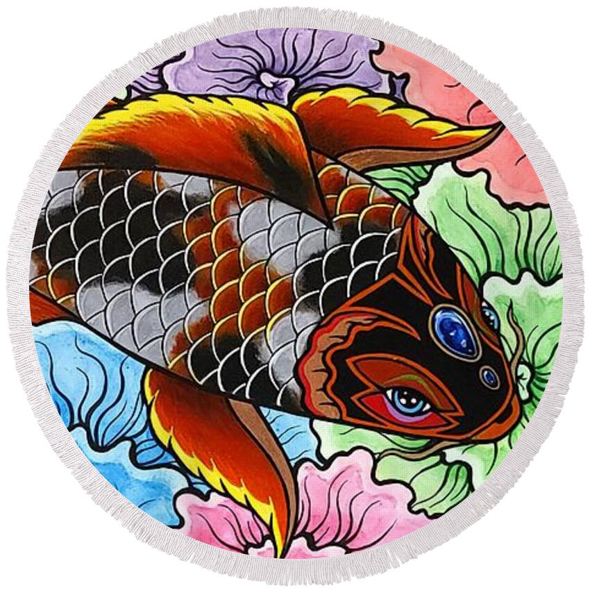 Koi Fish Round Beach Towel featuring the painting Female Asagi Koi Fish by Bryon Stewart