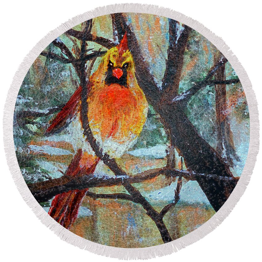 Ms. Cardinal Keeping Warm In A Snowstorm Round Beach Towel featuring the painting Female Cardinal keeping warm in a snowstorm by Bonnie Marie