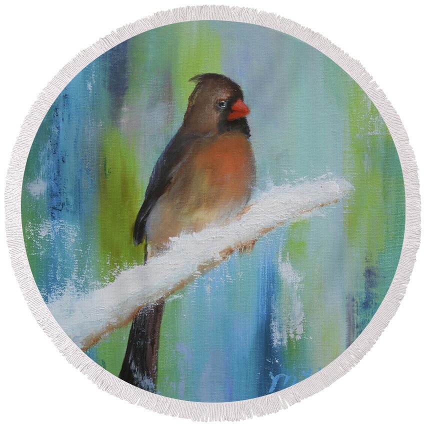 Cardinal Round Beach Towel featuring the painting Spring Snow 2 - Female Cardinal by Marsha Karle