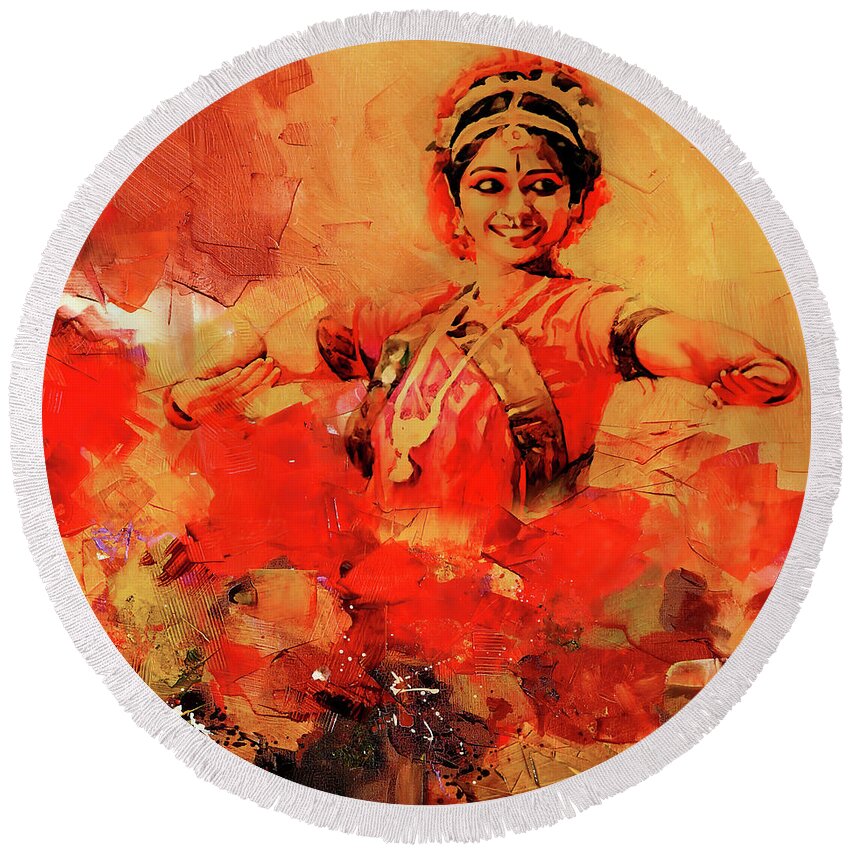 Indian Kathak Dance Round Beach Towel featuring the painting Female kathak dance776y by Gull G