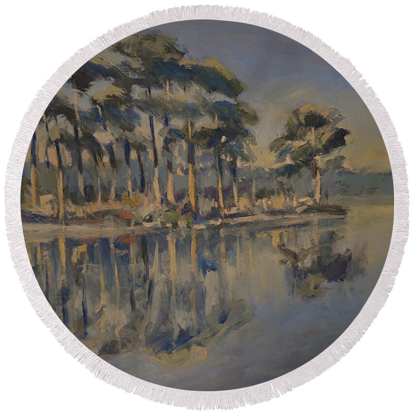Fen Round Beach Towel featuring the painting Fen with pine trees by Nop Briex