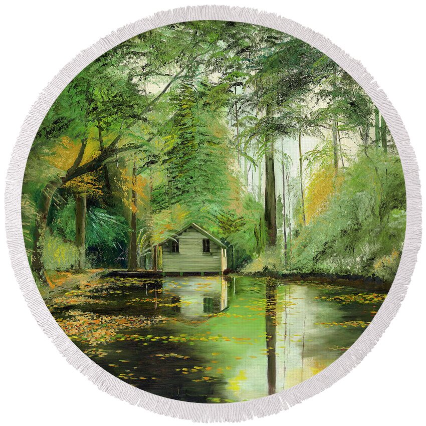 Landscape Round Beach Towel featuring the painting Fern Tree Gully by Roger Clarke