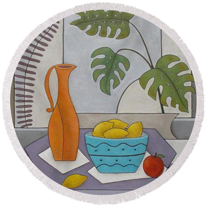 Still Life Round Beach Towel featuring the painting Ferns and Fruit by Trish Toro