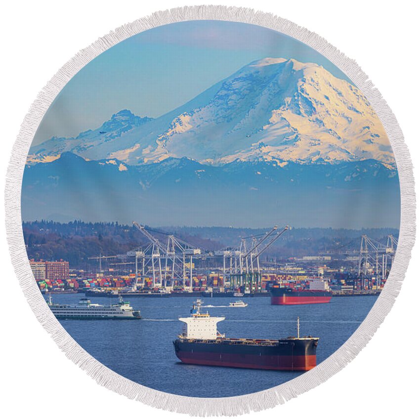 America Round Beach Towel featuring the photograph Ferries and ships in Seattle harbor by Inge Johnsson