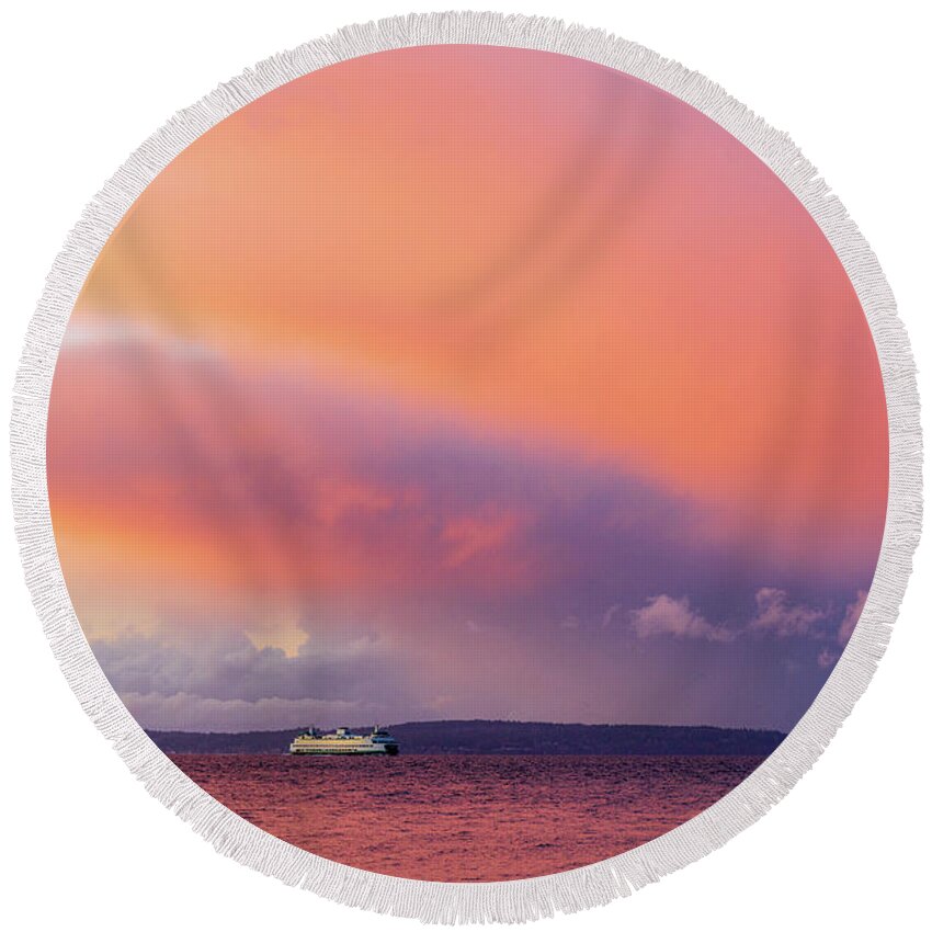 Outdoor; Colors; Bainbridge Island; Sunset; Twilight; Elliott Bay Round Beach Towel featuring the digital art Ferry in the sunset storm by Michael Lee
