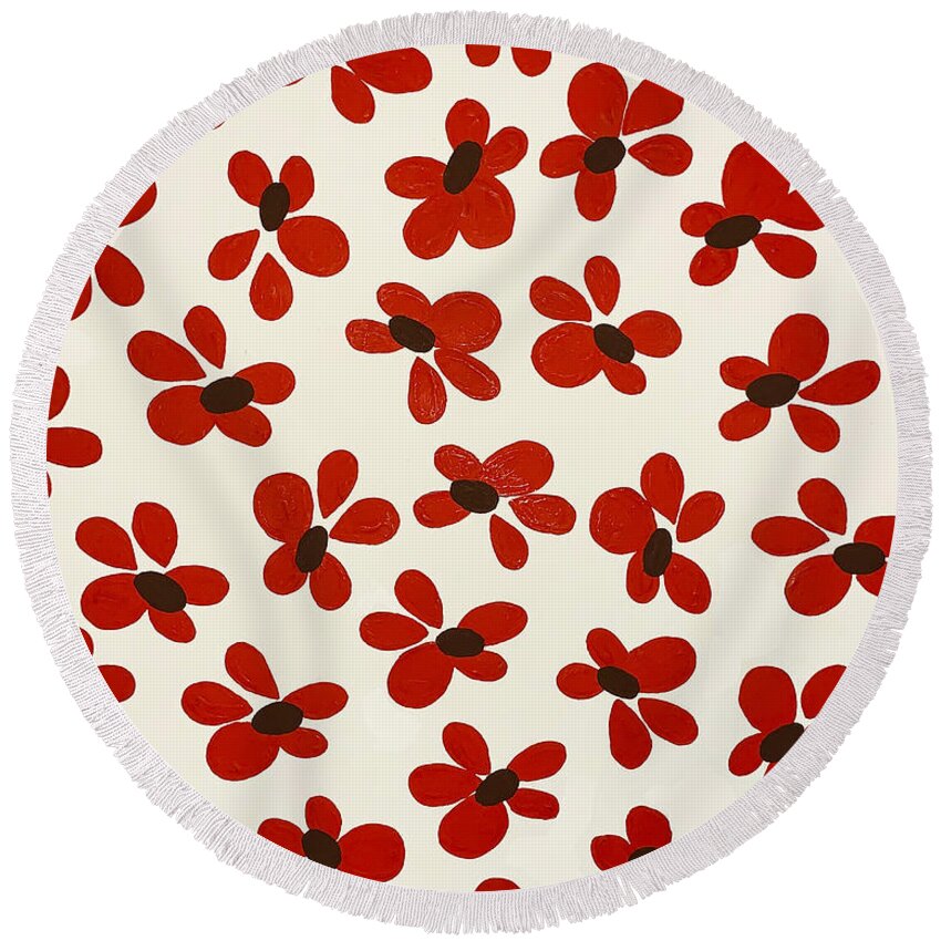 Festive Round Beach Towel featuring the painting Festive Red Flower Pattern Design by Christie Olstad
