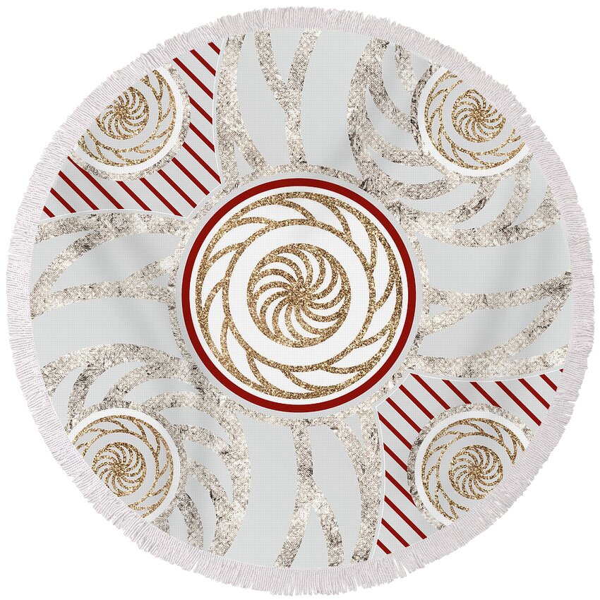 Abstract Round Beach Towel featuring the mixed media Festive Sparkly Geometric Glyph Art in Red Silver and Gold n.0137 by Holy Rock Design