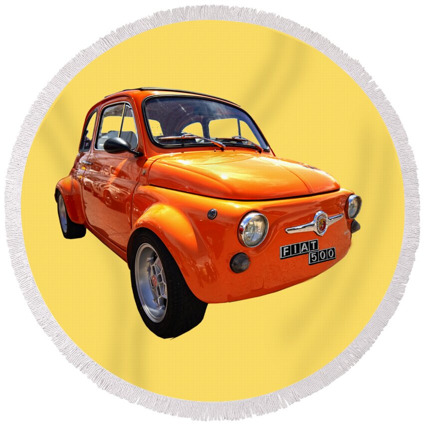 Fiat 500 Round Beach Towel featuring the photograph Fiat 500 Orange by Worldwide Photography