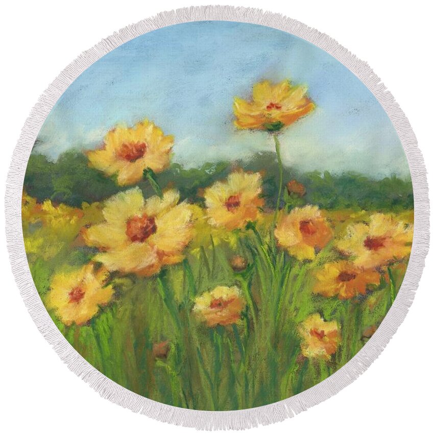 Meadow Round Beach Towel featuring the pastel Field of Sunshine by Vikki Bouffard