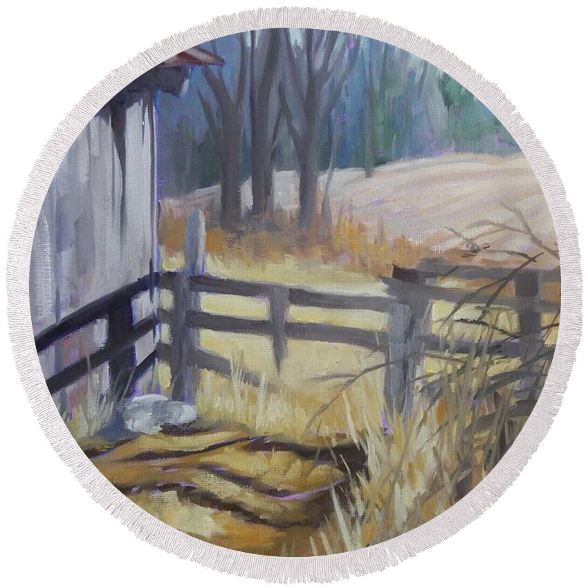Barn Round Beach Towel featuring the painting Fields Beyond by K M Pawelec