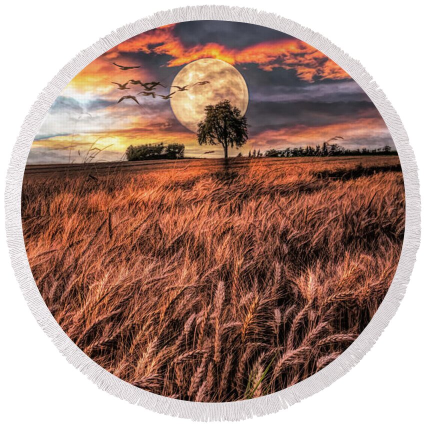 Barn Round Beach Towel featuring the photograph Fields in Early Evening II Painting by Debra and Dave Vanderlaan