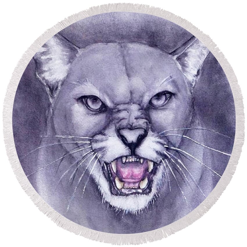 Cougar Painting Round Beach Towel featuring the painting Fierce Cougar by Kelly Mills