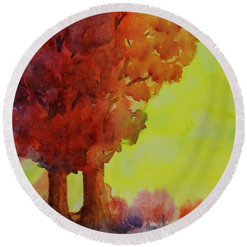 Kim Mcclinton Round Beach Towel featuring the painting Fiery Foliage by Kim McClinton