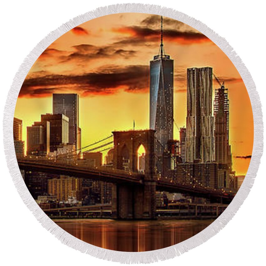 New York City Round Beach Towel featuring the photograph Fiery Sunset Over Manhattan by Az Jackson