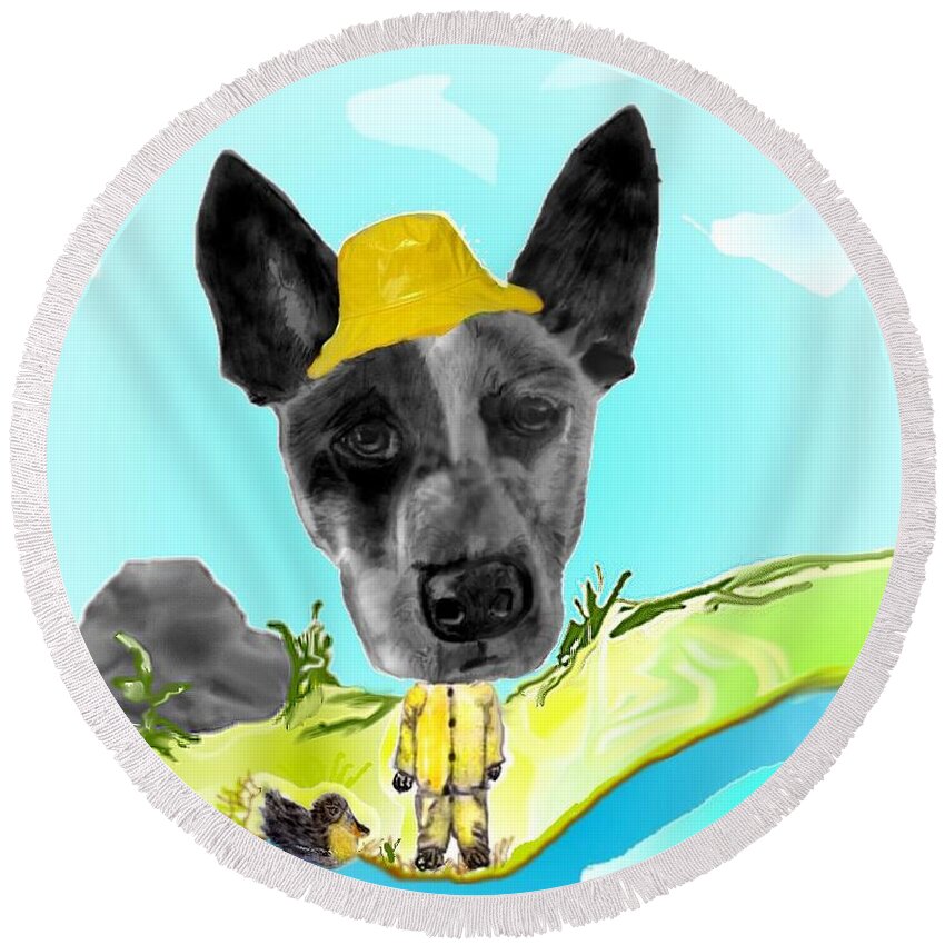 Cattle Dog Round Beach Towel featuring the mixed media Fine feathered friend by Pamela Calhoun