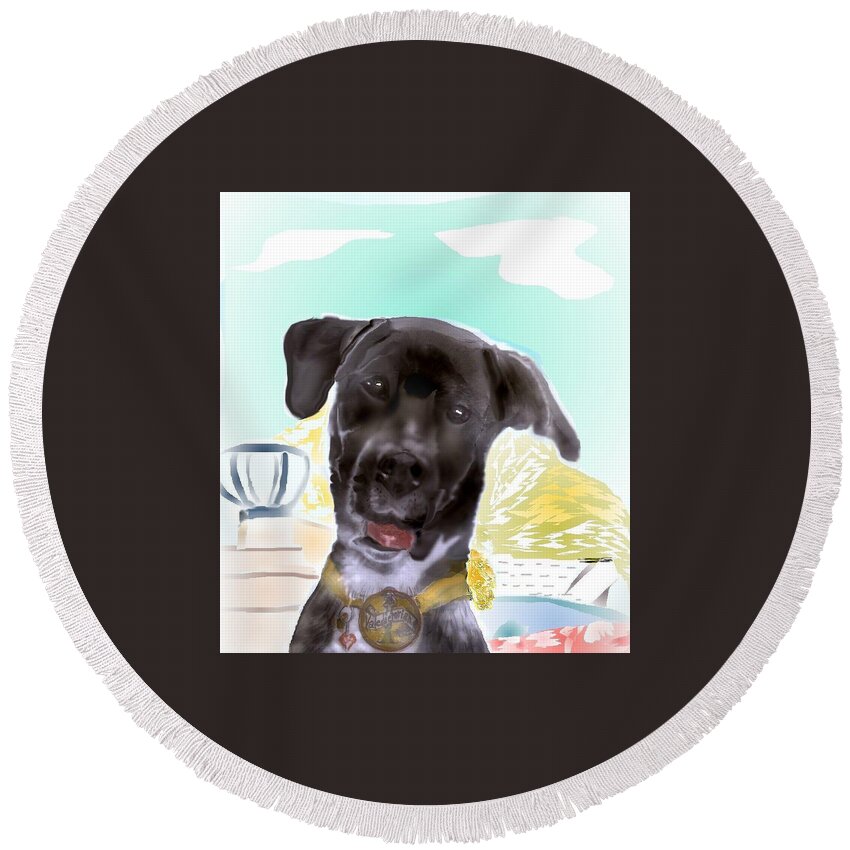 Finley Mixed Breed Dog Round Beach Towel featuring the mixed media Finley the sweet valedictorian by Pamela Calhoun