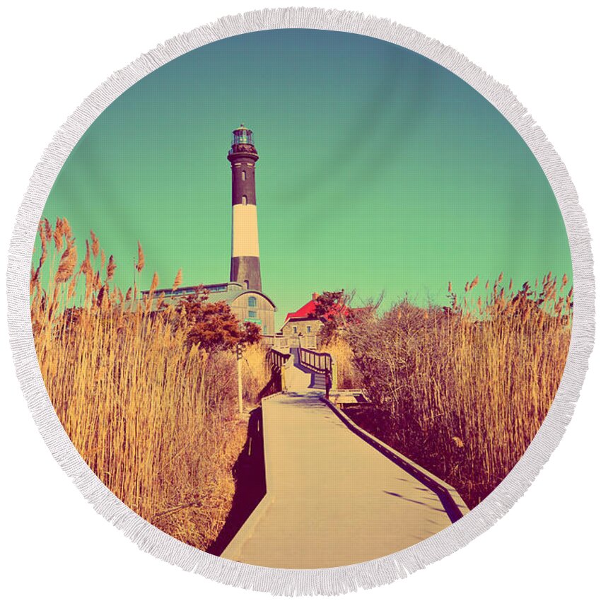 Fire Island Round Beach Towel featuring the photograph Fire Island Lighthouse by Stacie Siemsen