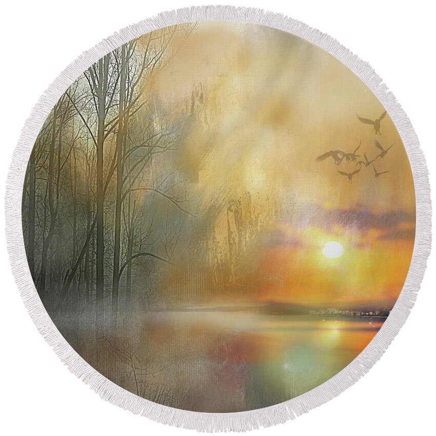 Landscape Round Beach Towel featuring the digital art Fire on the Water by Deb Nakano