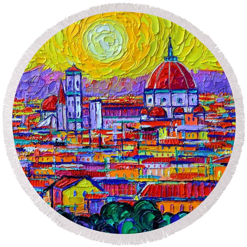 Abstract Cityscape Round Beach Towel featuring the painting FIRENZE ABSTRACT ROOFTOPS AT SUNSET textural impasto palette knife oil painting Ana Maria Edulescu by Ana Maria Edulescu