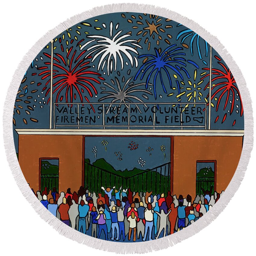 4thof July Independence Day Fireworks Firemen's Field Valleystream Newyork Round Beach Towel featuring the painting Fireworks at Firemen's Field by Mike Stanko
