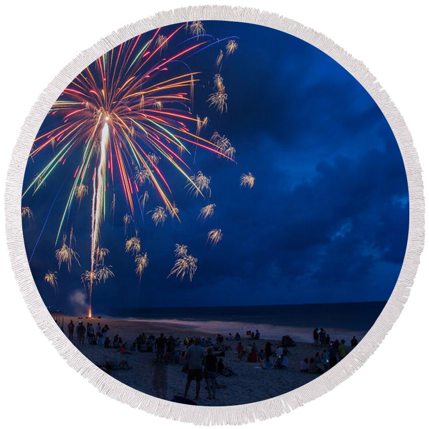 Fireworks Round Beach Towel featuring the photograph Fireworks by the Sea by WAZgriffin Digital