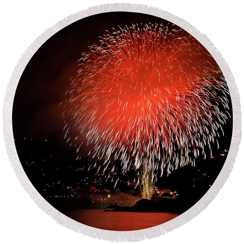 Scenery Round Beach Towel featuring the photograph Fireworks Festival - Recco - Italy by Paolo Signorini